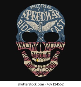 Vintage label with skull .Grunge effect.USA flag on it.Prints design for t-shirts