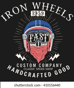 Vintage label with skull in a helmet and rays on grunge background for t-shirt print. Vector illustration.