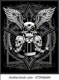 Vintage label. Skull and Ornate Christian Cross with dagger knife 