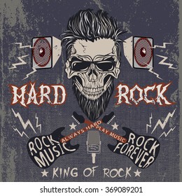 Vintage label with skull,text -Hard Rock,electric guitars,loudspeakers .Grunge effect