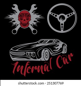 vintage label sport car theme with car,flame,skull and wrenches