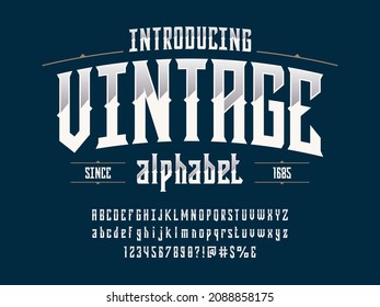 Vintage label style alphabet design with uppercase, lowercase, numbers and symbols