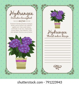 Vintage label template with decorative hydrangea plant in pot, vector illustration
