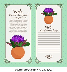 Vintage label template with decorative viola plant in pot, vector illustration