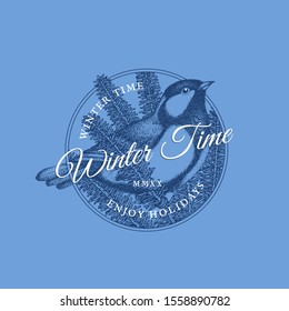 Vintage label template with ink hand drawn titmouse sitting on a coniferous branch. Vector illustration.