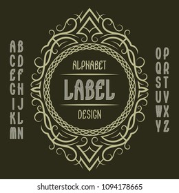 Vintage label template in patterned frame. Isolated logo design elements and alphabet.
