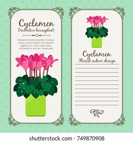 Vintage label template with potted flower cyclamen, vector illustration