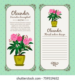 Vintage label template with potted flower oleander, vector illustration
