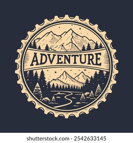 Vintage label with text Adventure, mountains and forest, vector illustration
