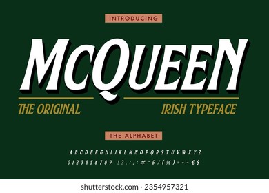 Vintage label typeface. Typical Irish and Scottish Gaelic Font. Good handcrafted font for any label design, Irish pub, whiskey, traditional Irish festival. Vector Stock Illustration.