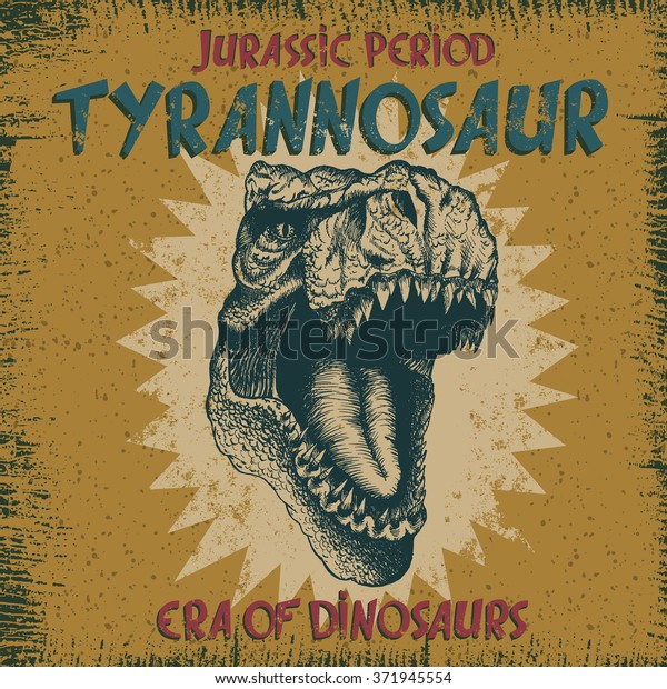 ティラノサウルス怒りの頭部を持つビンテージラベル グランジ効果 Tシャツのタイポグラフィデザイン 恐竜の時代 ベクターイラスト のベクター画像素材 ロイヤリティフリー
