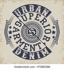 vintage label of urban denim, Tee shirt print design, vector