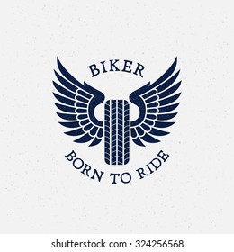 Vintage label with wheel and wings for t-shirt print, poster, emblem. Vector illustration.