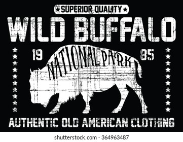 Vintage label of the wild buffalo .Grunge effect vector print and varsity. For t-shirt or other uses in vector.T shirt graphic