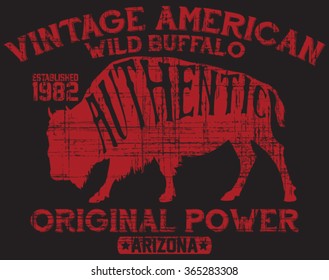 Vintage label of the wild buffalo .Grunge effect vector print and varsity. For t-shirt or other uses in vector.T shirt graphic