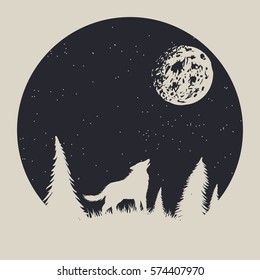 Vintage label with wolf who howling to moon. Strange night in forest.T-shirt prints design