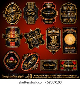 Vintage Labels - 16 Black and Gold Elements with distressed Antique look - Set 13