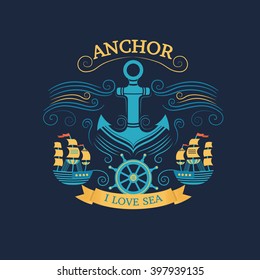 Vintage labels with anchor. Sea vector illustration for t-shirt design. Retro illustration for design bags. Background for banners, cards, invitations. Template for design in marine style. 