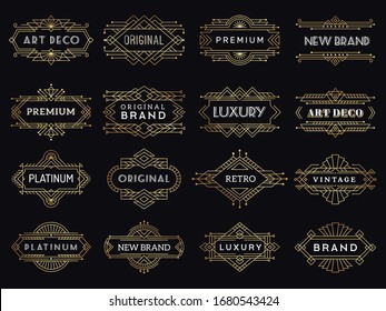 Vintage labels. Art deco luxury banners antique restaurant graphic elements logo framed vector