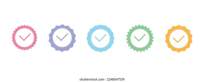 Vintage labels. Badge check icon. Verify icon stamp. Star shape. Certified badge for company or celebration. Set bundle approved colorful vector illustration. Set of vector starburst, sunburst badges.