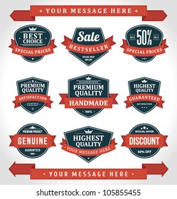 Vintage labels or badges and ribbon retro style set. Vector design elements.