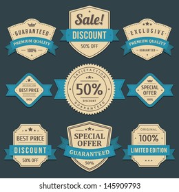 Vintage labels or badges and ribbon retro style set. Vector design elements. 