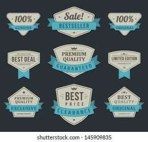 Vintage labels or badges and ribbon retro style set. Vector design elements. 