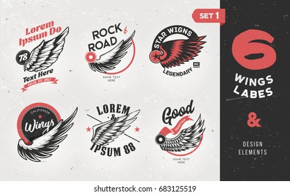 Vintage Labels, Badges, Text and Design Elements with wings. Vector Illustration