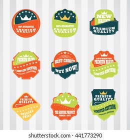 Vintage labels for commerce and premium trade with stitching in pockets vector set. Retro badges vector set for internet commerce with stitching in pockets.