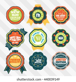 Vintage labels for commerce vector set. Retro badges vector set for internet shop. Vector set of labels for promotion.