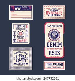 Vintage Labels denim typography, t-shirt, vectors, carton, emblems set 