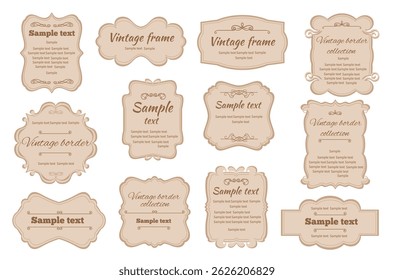 Vintage labels. Different decorative frames with text, romantic retro emblems, filigree borders, calligraphic curls, swirls, bends. Classic elegant cards splendid vector isolated set