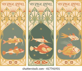 Vintage labels: fish vector