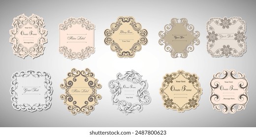 Vintage labels frames art-deco collection. Damask vintage baroque scroll ornament swirl. Victorian monogram heraldic shield swirl.Retro floral leaf pattern border foliage antique  acanthus.