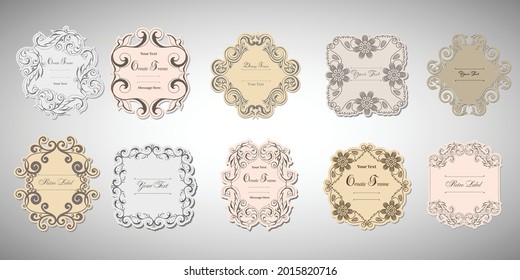 Vintage labels frames art-deco vector image. Vector damask vintage baroque scroll ornament swirl. Victorian monogram heraldic shield swirl.Retro floral leaf pattern border foliage antique  acanthus.