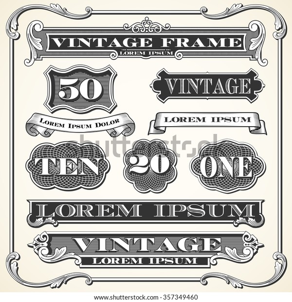 Vintage Labels, Frames and Ornaments - Set of\
vintage ornaments and frames.  Each object is grouped and colors\
are global for easy\
editing.