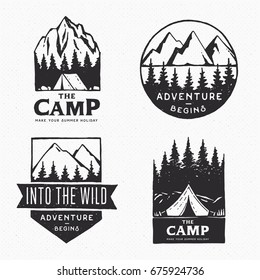 Vintage labels, hand drawn on the theme of Hiking, Mountaineering, Hunting. Outdoor recreation, adventure in the mountains. Vector set of logos.