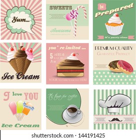 vintage labels and invitation cards with sweets, cupcake and ice cream