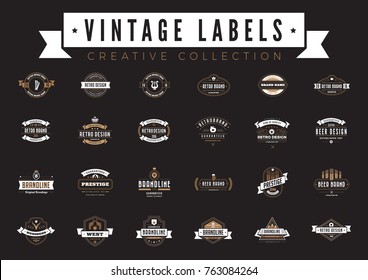 Vintage Labels Logo collection vector design templates. Coffee Beer Bakery Sale Badges Retro style with elements ribbons and icons