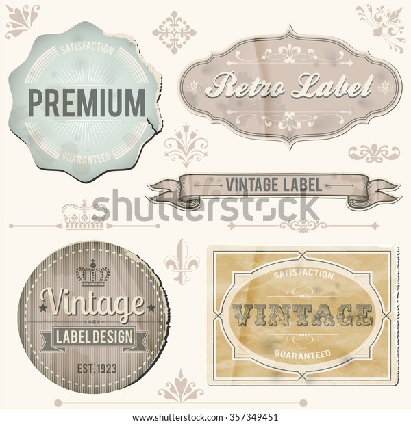 Vintage labels and ornaments - Retro labels and\
ornaments with grunge textures.  Colors are global, and textures\
can be removed.