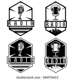 Vintage Labels Of Radio With Microphone And Headphones 