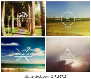 Vintage labels for retro style design. Vector nature blurred backgrounds set - beach, sky, park, countryside.