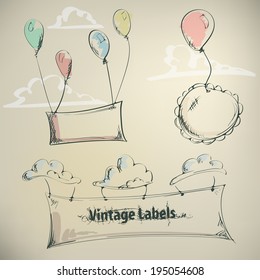 Vintage labels. Ribbon flying balloons and clouds