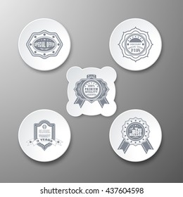Vintage labels set for advertisement and internet commerce on gradient background. Retro labels vector set for promotion in gray and white with shadows.