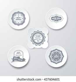 Vintage labels set for advertisement and internet commerce on gray gradient background. Retro badges vector set for promotion in gray and white with shadows on gradient background.