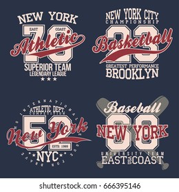 Vintage labels set, athletic sport typography for t shirt print. Varsity style. T-shirt graphic. Vector