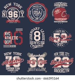 Vintage labels set, athletic sport typography for t shirt print. Varsity style. T-shirt graphic. Vector