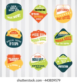 Vintage labels set for commerce and premium trade with stitching in pockets. Retro badges vector set for internet commerce with stitching in pockets.