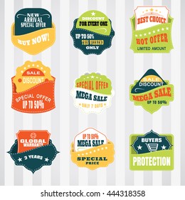 Vintage labels set for commerce and premium trade with stitching in pockets. Retro badges vector set.