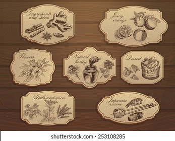 Vintage labels set. Hand drawn illustrations. Wooden background with sketches